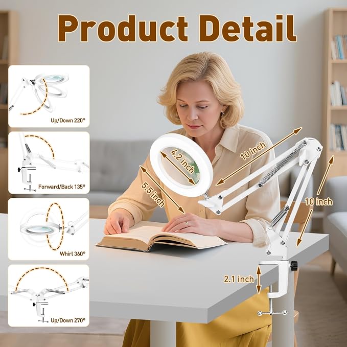 KIRKAS 10X Magnifying Glass with Light and Clamp, Swivel Arm LED Desk Lamp | 10 Level Dimmable 3 Color Modes, Lighted Magnifier with Light for Repair, Craft, Sewing, Reading, Close Work - White