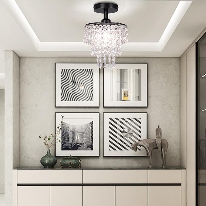 FRIXCHUR Small Crystal Chandelier Flush Mount Ceiling Light 3 Tiers Raindrops Crystal Chandeliers for Bedroom Hallway Foyer Living Room Entryway Closet,Black