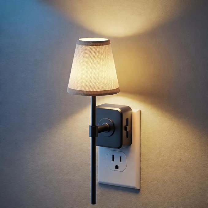 JandCase Night Lights Plug into Wall, Vintage Nightlights | Dusk to Dawn Sensor, 0-100LM Dimmable, Pleated Fabric Beige Lamp for Living Room Bedroom Hallway