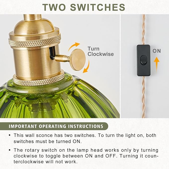 Plug in Wall Sconce, Vintage Sconce Light with Tulip Green Glass Lampshade, Bedside Wall Sconce with Switch and Plug in Wall Lamp Cord, Gold Wall Light for Bedroom