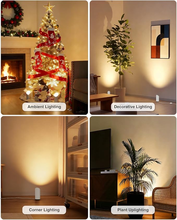 4 Pack Uplighting Indoor, 7W LED Floor Can Lights with Remote, 5.9ft Cord Plug-in Spotlight for Indoor Plants, Wall & Art, 3 Color Temps, Auto-Loop Timer, Memory Function, Non-replaceable Bulb