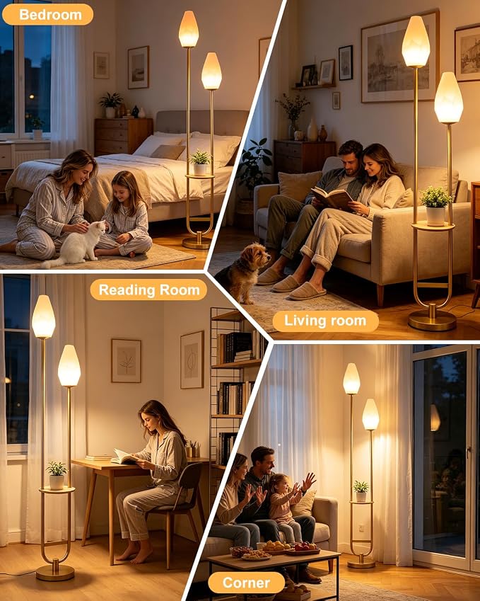 Lightdot 63IN Gold Floor Lamp with Shelf Mid Century Tall Standing Lamps with Rock-Shaped Bulb Included Modern Floor Lamp with 5Lbs Heavy Base for Living Room/Party/Sofa Beside/Corner Decor
