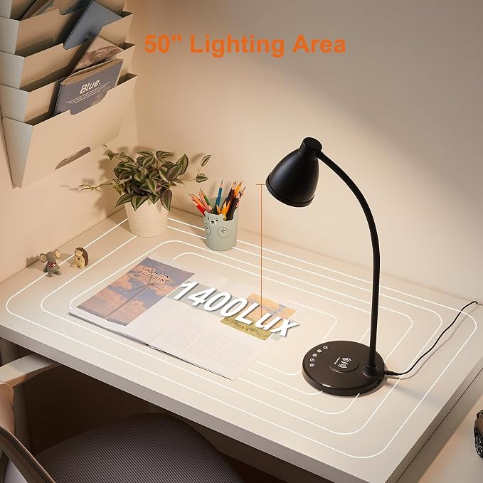 BOHON Desk Lamp for Home Office with USB C+A Charging Ports Timer Black | LED Desk Light with Wireless Charger 5 Colors Stepless Dimming Reading Light Touch Bedside Table Lamp for College Dorm Room