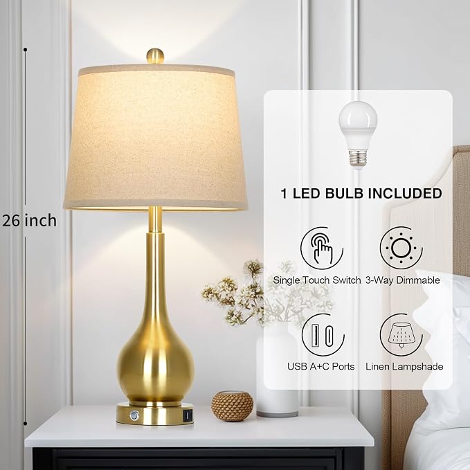 26" Gold Table Lamp for Living Room Single, Touch Control Bedroom Lamps for Nightstand, 3-Way Dimmable Bedside Lamp with USB A+C Port (1 Pack)