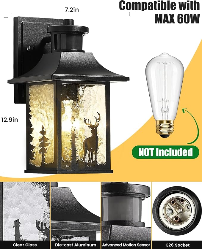 Motion Sensor Outdoor Wall Light Dusk to Dawn Porch Light Wall Mount Outdoor Light Fixture, Lantern Outdoor Wall Sconce Exterior Light for House Garage Entryway, Anti-Rust 100% Aluminum ETL Listed | Outdoor Light Fixture Lantern Outdoor Wall Sconce Ext...