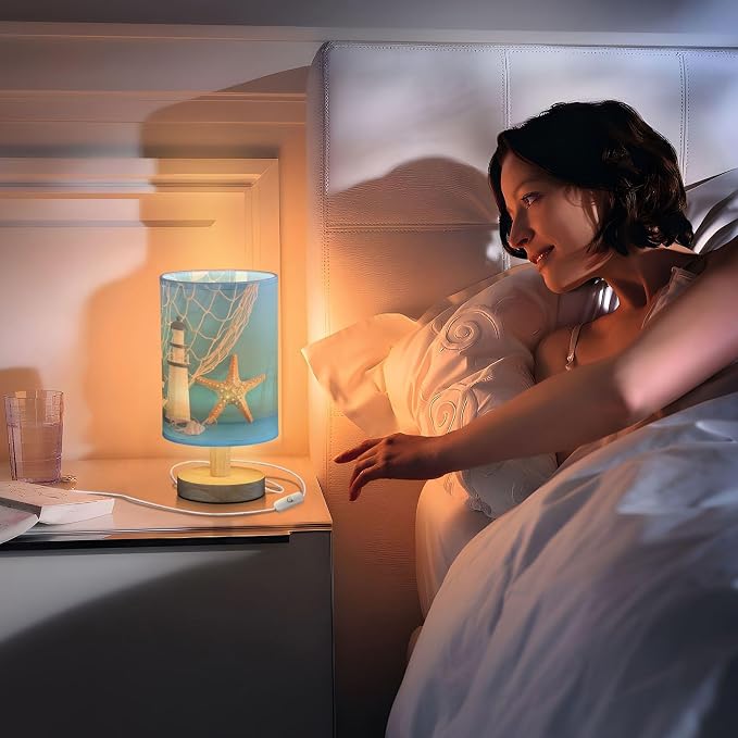 Table Lamp Nautical Sailboat Lighthouse Starfish Seashell Fishnet Blue Wood Nightstand Lamp with Wood Base Fabric Lamp Shade Bedside Desk Lamp for Living Room Bedroom Kids Room Office