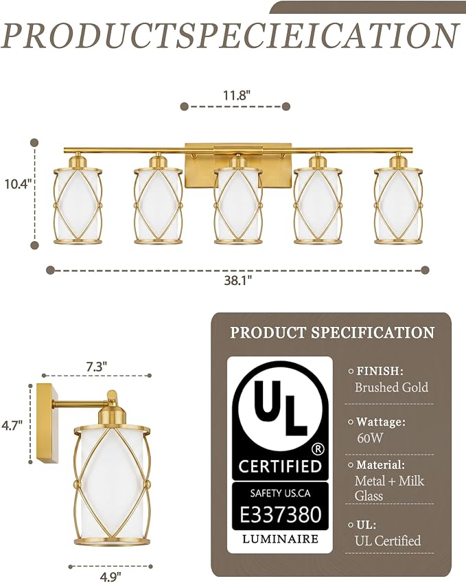 5-Light Brushed Gold Bathroom Light Fixtures Over Mirror, 38" UL-Listed Modern Wall Sconce Lights with Milk White Frosted Glass and Metal Cage for Bath, Hardwire E26, CH9176BGW-5W