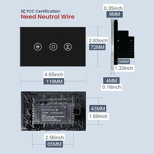 Smart Roller Shutter Switch Single Gang 2.4GHz Wi-Fi Touch Switch, Neutral Wire Required,Work with Smart Life/Tuya App and Alexa,Tempered Glass Panel,Black