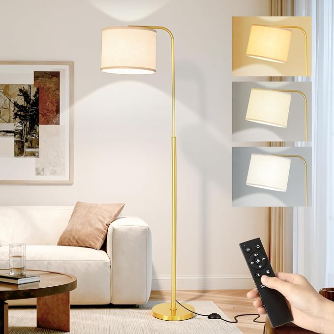 Arc Floor Lamp with Remote and Dimmable Gold Floor lamps for Living Room | Modern Tall Standing Lamp for Bedroom Corner and Office wiht Adjustable Hanging Drum Shade Over Couch Arched Reading Light