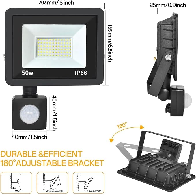 50W Plug in Motion Sensor Lights Outdoor, 5500LM Motion Flood Light Dusk to Dawn, IP65 Waterproof Led Security Light Outside, Motion Activated Wall Light for Garage, Porch, Yard