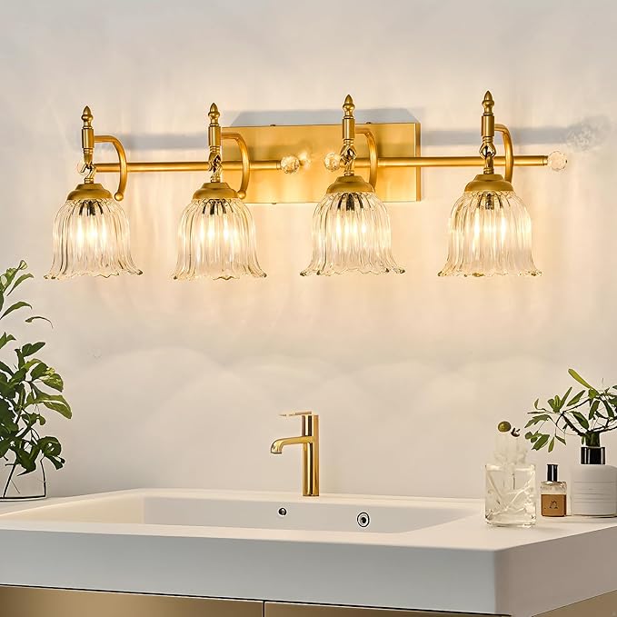 CVKASH 4-Light Bathroom Vanity Light Fixtures Over Mirror,Brushed Gold Modern Vanity Lights with Glass Shade Vintage Wall Sconce for Bedroom Dressing Room Living Room Hallway Cabinet