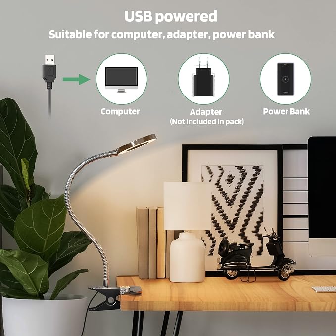 Glorious-LITE Clip on Light 36 LED Eye Caring Reading Light for Bed Silver | 360° Flexible Gooseneck, With 4 Color Modes, Dimmable Book Light for Bed, Desk, Headboard, USB Powered, With 59inch USB Wires