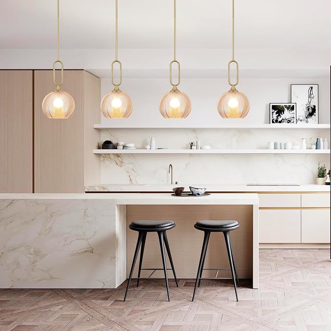 Amber Glass Pendant Light Modern Globe Pendant Lighting Nordic Ribbed Gold Ceiling Hanging Chandelier with Brushed Brass Adjustable Rods Dining Room Kitchen Island Light Fixture