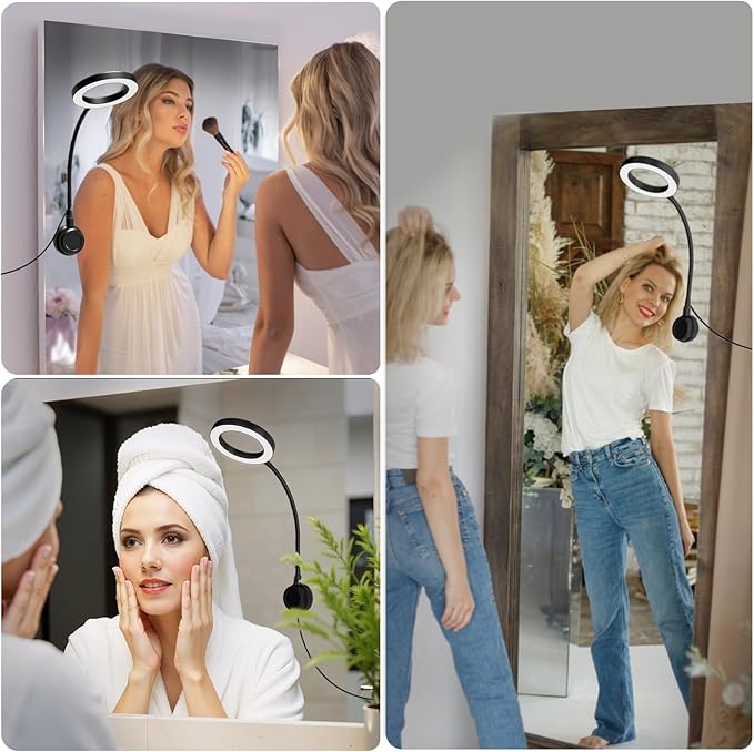 Suction Cup LED Vantiy Lights for Mirror, Flexible Gooseneck Stick on Selfie Ring Light for Makeup Vanity Table & Bathroom Mirror, 3 Color Modes & 10 Brightness, Plug in, Black