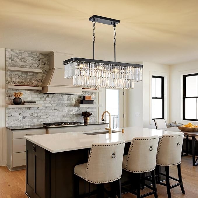 Modern Rectangular Crystal Chandeliers for Dining Room 11 Lights L33.5” Black Rectangle Chandelier Luxury K9 Crystal Ceiling Pendant Light Fixture for Kitchen Island Bar