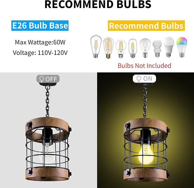 Farmhouse Pendant Light Fixtures, Wood & Metal, E26 Max 60W | Rustic Hanging Lamp for Kitchen, Sink, Entryway – Adjustable 47.2" Pipe, Sloped Ceiling Compatible, Incandescent