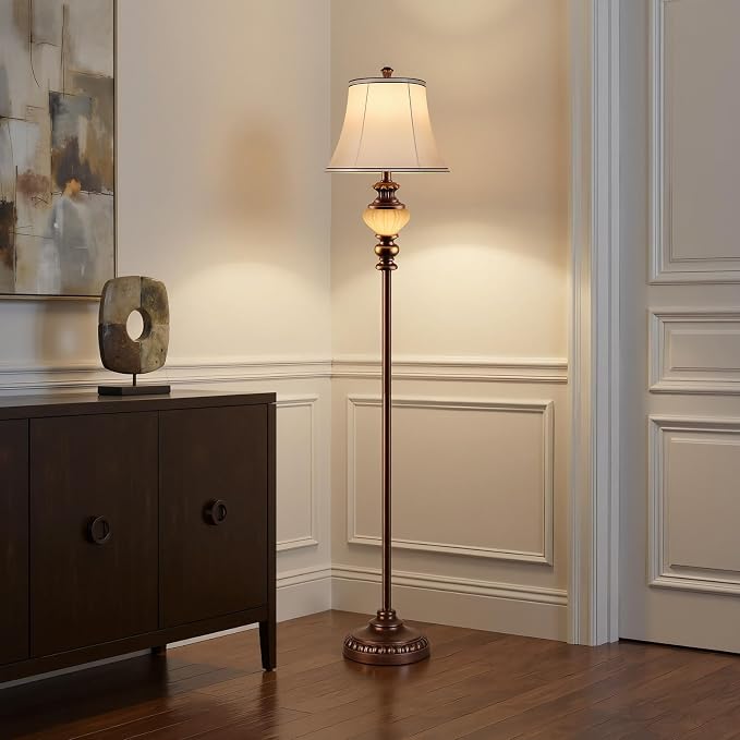 65'' Vintage Floor Lamp for Living Room, Retro Farmhouse Standing Lamp with Nightlight, Tall Lamp with Fabric Shade and Rotary Switch for Bedroom Office Dining Room Corner(LED Bulb Included)