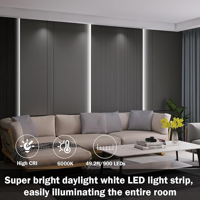 49.2ft USB LED Light Strip White with Battery Box (Batteries Not Included), Daylight LED White Strip Lights Cuttable LEDs for Bedroom, Mirror, Party, Camping, Birthday, Christmas, 8.2ft x 6