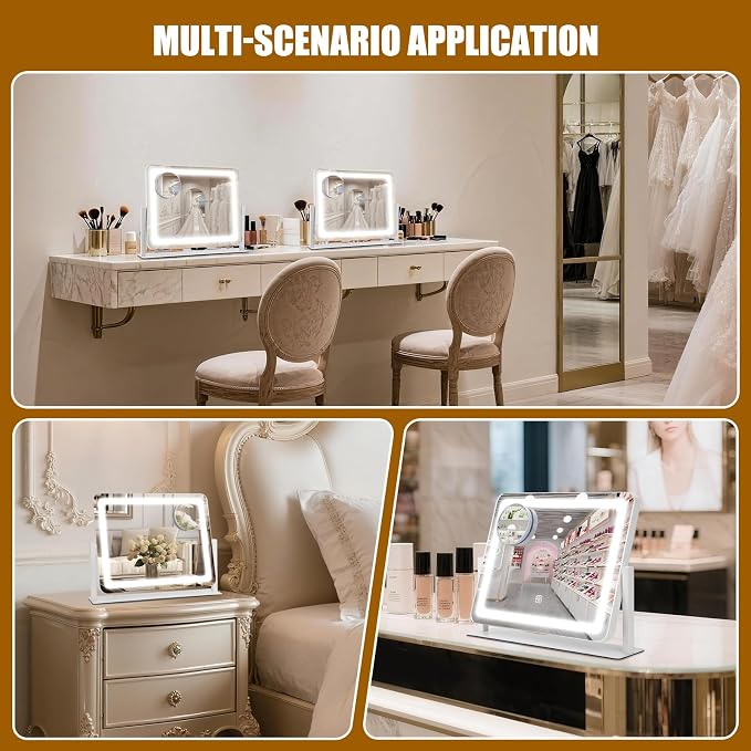 Rechargeable Vanity Mirror with Lights, 3000mAH Battery, 16"×12.4" LED Makeup Mirror, 10X Magnification, Smart Touch with 3-Color Lighting, 360° Rotation, Lighted Up for Makeup Desk, Bedroom (White)