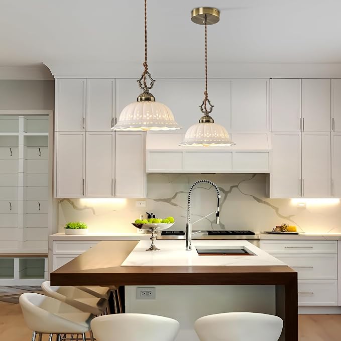 Ceramic Pendant Light 1-Light Adjustable Cord Industrial Ceiling Hanging Light Brass Vintage Chandelier for Kitchen Island Bar Dining Room Bedroom Foyer Hallway Farmhouse