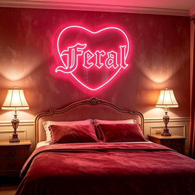 Feral Heart Neon Sign Pink LED Neon Light for Wall Decor USB Powered Gothic Neon Sign for Bedroom Bar Party Tattoo Studio Bachelorette Trendy Wall Art Halloween Decoration Goth Lover Gifts