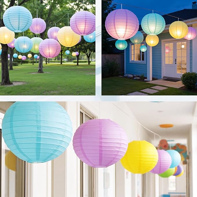 Chinese Paper Lanterns - Pack of 10, 10-Inch Blue/Purple/Yellow Hanging Lights for Birthday Party Decorations, Ceiling Decor, Rainbow Classroom, Wedding, and Home Party