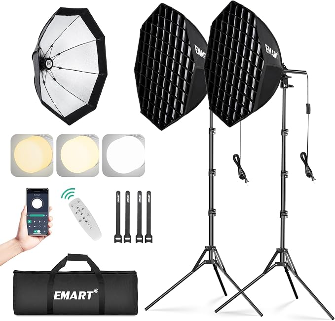 EMART Softbox Lighting Kit with Grid, 50W 20"x20" Soft Box for Photography | Pull Softbox, 3000K-6000K LED Bulb with Remote/APP Control, Photography Lighting for Video Recording,Streaming,Portrait 2Pack