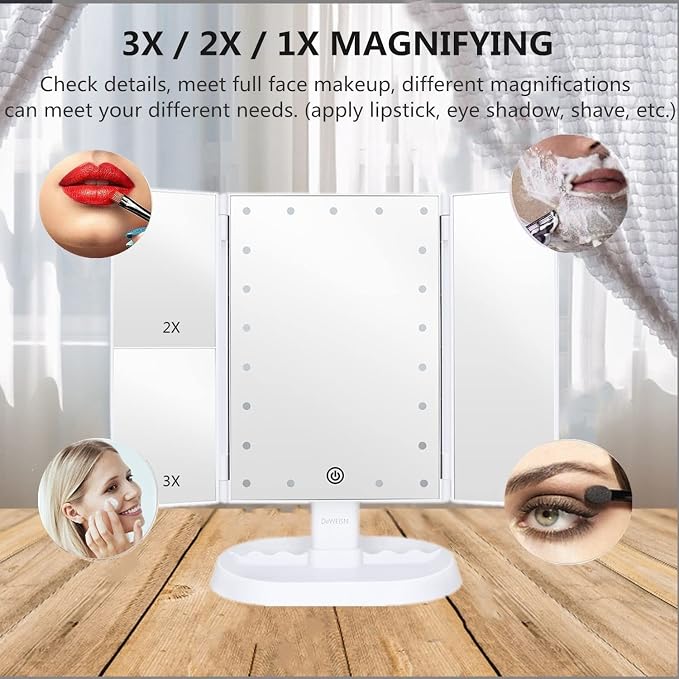 Trifold Lighted Vanity Makeup Mirror with 21 LEDs Lights,1x/2x/3x Magnification and Touch Screen Dimming,Two Power Supplies Makeup Mirror, Gift for Women