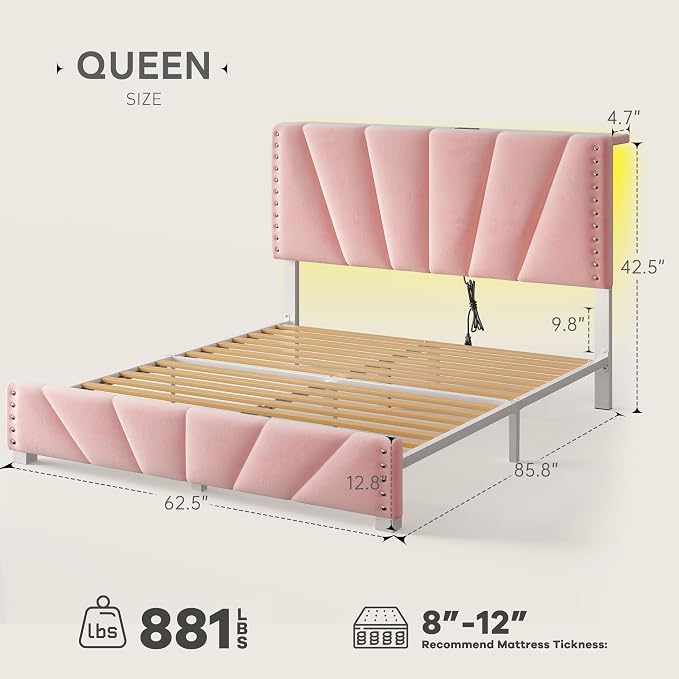 EnHomee Queen Bed Frame with LED Lights & USB, Noise-Free, Pink | Adjustable Velvet Headboard，Under-Bed Storage，Heavy Duty Support with 12 Slats，No Box Spring Needed，Easy Assembly for Bedroom