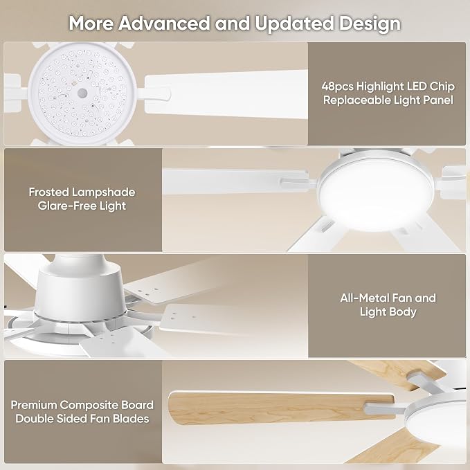 52'' Flush Mount Ceiling Fans with Lights for Living Room, White | 6 Blades, 6 Speeds, MAX 5600 CFM, Remote&APP Control, 3CCT Dimmable LED, All Metal Body, Memory Function, Reversible DC Motor
