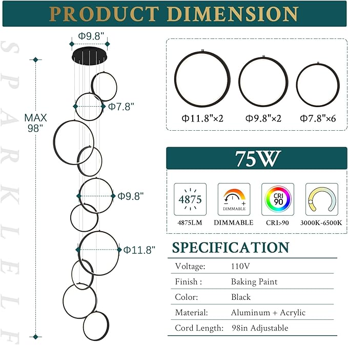 10 Rings Modern LED Chandelier for High Ceiling Dimmable Black Contemporary Pendant Light Fixture Long Foyer Chandelier for Entryway Staircase Dining Room Living Room, 3000-6500K