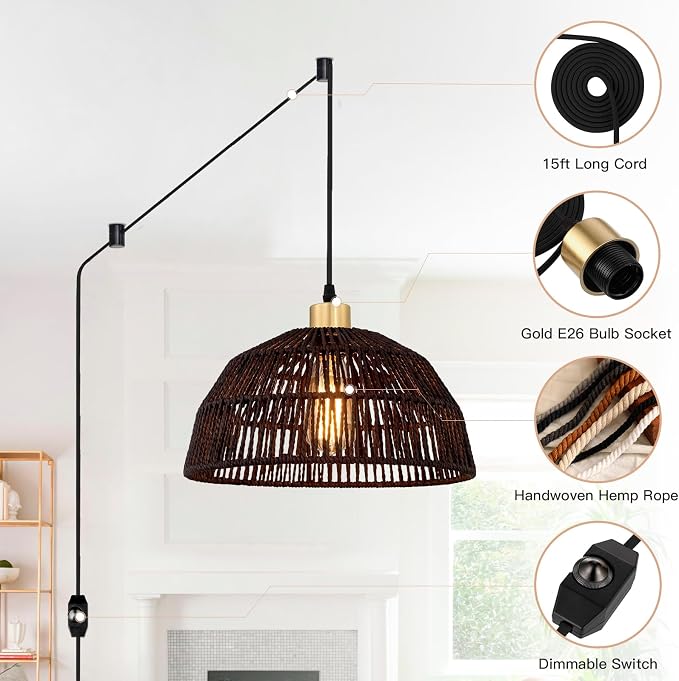Plug in Pendant Light, Hanging Lights with 15ft Cotton Cord & Stepless Dimming Switch, Handwoven Hemp Rope Lampshade, Black Rattan Lamp for Dining Room,Hallway