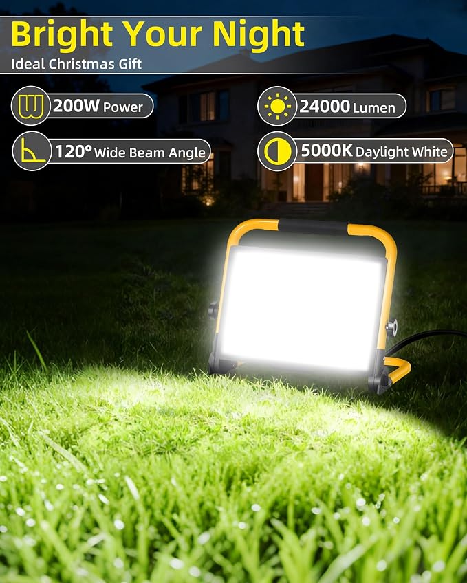 24000LM Work Light with 16FT Cord & Switch, IP66 for Construction Job Site | 200W LED Flood Light Plug in Ultra Brighter, Portable Worklight with Stand, 5000K Daylight for Workshop Camping Outdoor