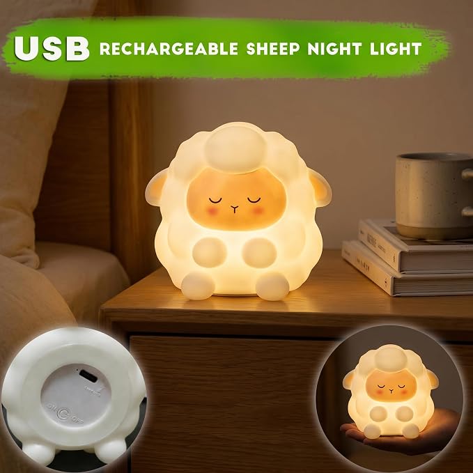 Cute Sleepy Sheep Silicone Night Light, Rechargeable Touch Control LED Lamp, 3 Level Dimmable Warm White Squishy Nursery Nightlight, Baby Kids Bedroom Bedside Decor Gift Lamp