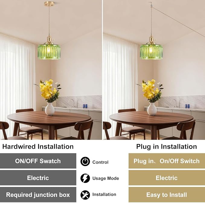 Pendant Light Fixtures,Plug in Hanging Light Fixture Green Glass 6.6in Pendant Light,E26 Pendant Lighting for Kitchen Island, Bedroom, Dining Room, Living Room