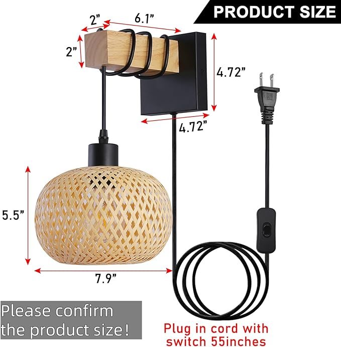 Farmhouse Rattan Plug in Wall Sconces, Rustic Hand-Woven Bamboo Shade & Wood Beam Wall Light Fixtures, Rattan Bamboo Wall Lamp for Bedroom Bedside, Living Room Wall Art Decor(No Bulbs)