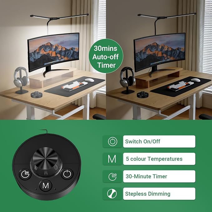 LED Desk Lamp with Clamp, 23.5-31.5 Inches, Black | 24W, 75 Lighting Modes, Flexible Neck Design, Telescopic Height, For Home Office Study Work Craft Paint