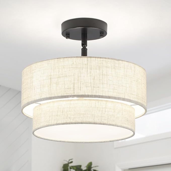 3-Light Semi Flush Mount Ceiling Light, 12.6 Inch Drum Black Chandelier Fabric Metal Kitchen Light Fixture, Dimmable Dining Room Light Fixture E26 Base Chandeliers for Living Room Bedroom