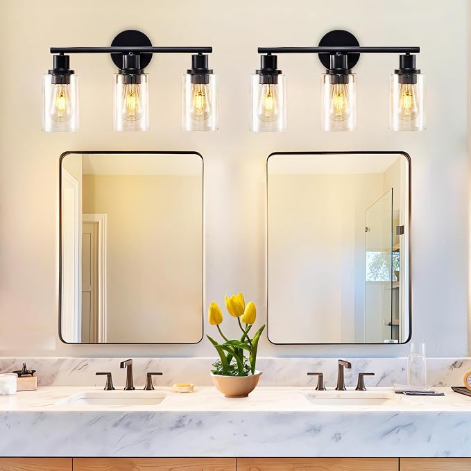 DLLT 3-Light Bathroom Light Fixtures: Set of 2 Black Modern Vanity Lights with Clear Glass Shade - 18.51" Bathroom Wall Lamp for Mirror Kitchen Living Room