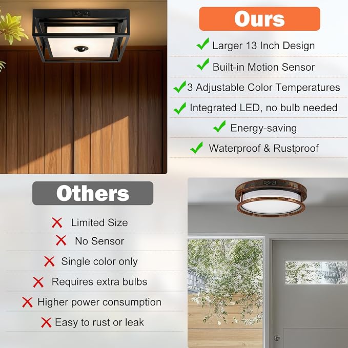 13" Motion Sensor Outdoor Ceiling Light Large Flush Mount Lighting 2 Pack | Modern Outdoor Ceiling Lights for Porch, Adjustable Color, Exterior Waterproof Ceiling Light Dusk till Dawn, Anti-Rust