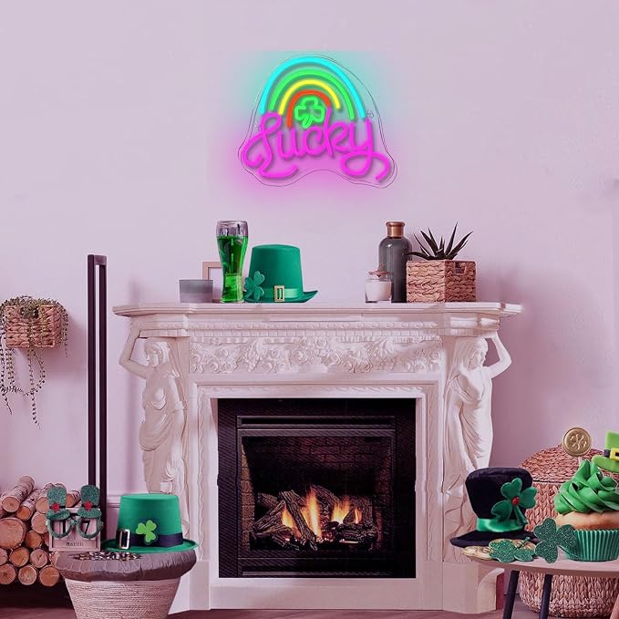 Lucky Clover Neon Signs Leaf Wall Light for St. Patrick's Day Party Decor | 14.17IN*12.6IN,Five level brightness adjustment,USB powered,For Bar,Club,Pub,Living room,Bedroom,Restaurant,Beach Bungalow