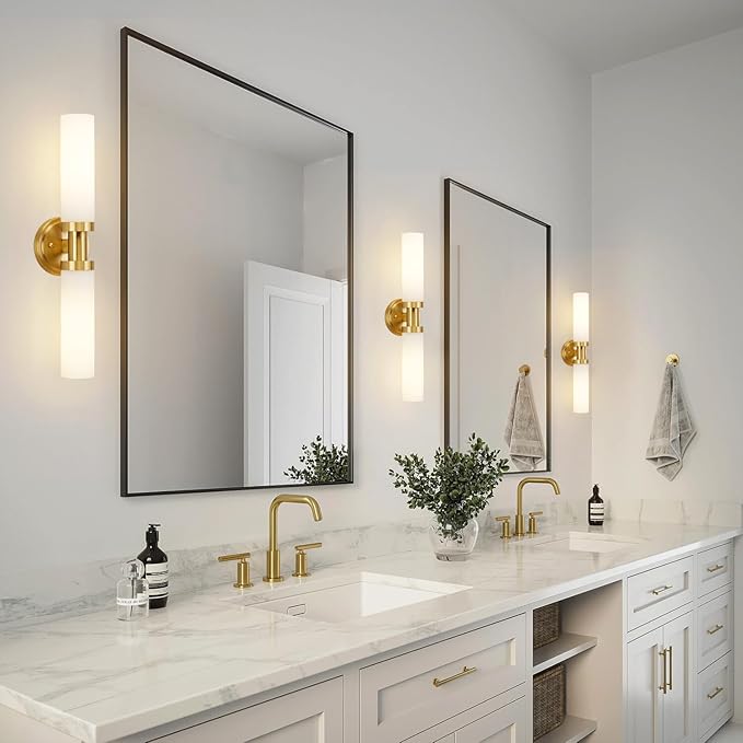 Gold Bathroom Light Fixtures Modern Vanity Lights W/White Glass Shade, 2-Light Sconces Wall Lighting for Mirror Kitchen Bedroom Hallway, Brushed Brass Gold Wall Decor Wall Mount Lamp