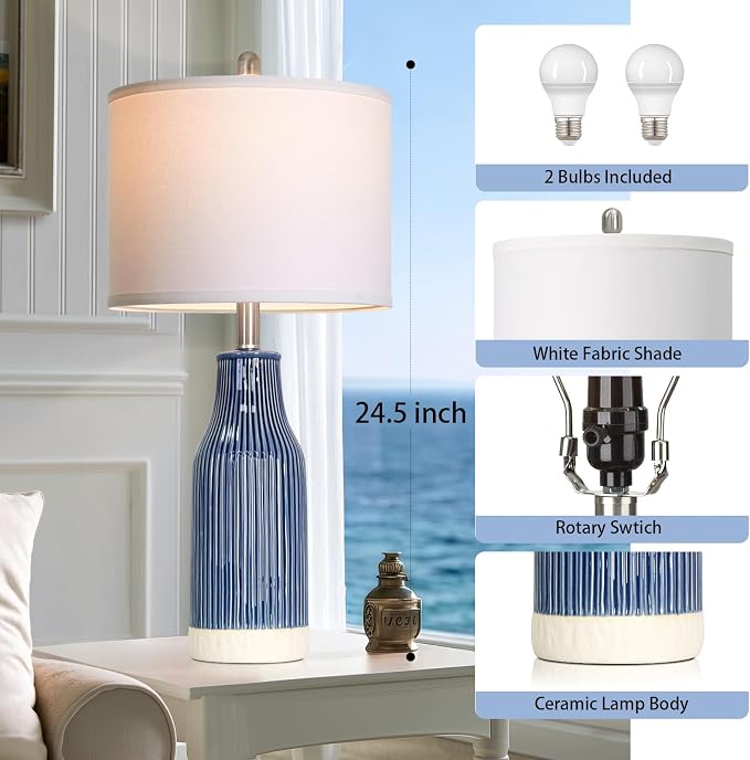 24.5" Blue Ceramic Table Lamps Set of 2 for Bedroom, Modern Table Lamps for Living Room End Table, Small Farmhouse Bedside Lamps for Nightstands (2 LED Bulbs Included)