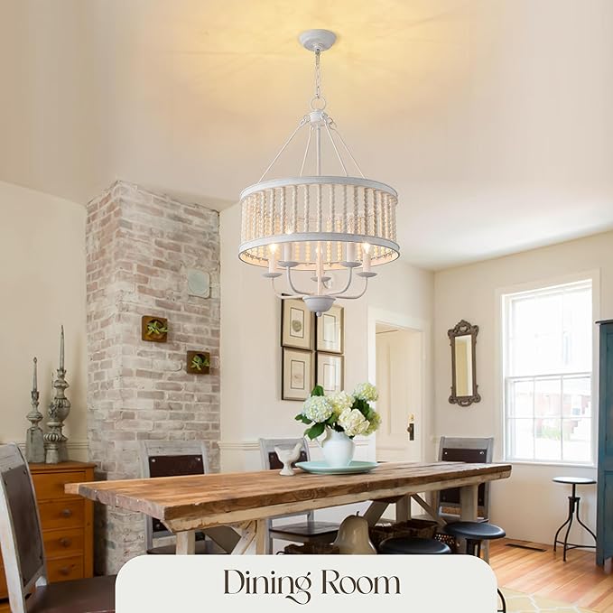 Drum Pendant Chandelier, Boho Wood Beaded Distressed Farmhouse Chandeliers for Entryway Dining Room, Vintage Handmade Chandelier Retro Antique White Lighting fixtures Hanging 5-Light W19.7