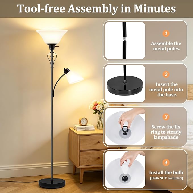 Floor Lamps for Living Room, 70" Tall Torchiere Floor Lamps, Plastic Shade | Tall Lamp with Adjustable Gooseneck Reading Light, Modern Corner Standing Lamp for Bedroom, Office, Separate On/Off Switch
