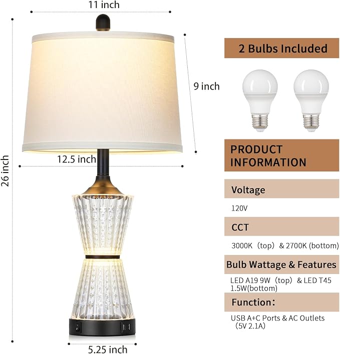 Modern Table Lamps for Living Room, 26" Tall Black Table Lamp with 2 Textured LED Night Light, 2 USB Charging Port & AC Outlet, Bedside Lamps for Bedroom Nightstands End Table Office, 2 Bulbs Included