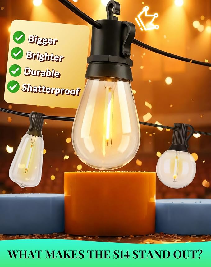 Outdoor String Lights Patio Light - 50Ft Outside Waterproof Dimmable Bulbs | S14 LED Remote Porch Light, Shatterproof Edison Bulbs Hanging Connectable Lighting for Gazebo Backyard Bistro Pergola, Timer