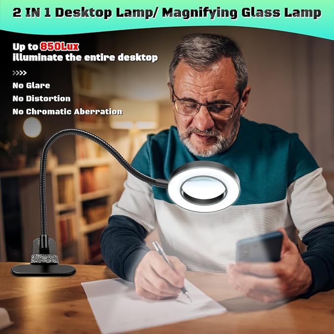 10X Magnifying Glass with Light, Clip on Mganifier with Light, 48 LED Desk Magnifying Glass wtih Clamp, 3 Modes Dimmable Magnifying LED Lamps for Bed Work Crafts DIY Repair Black