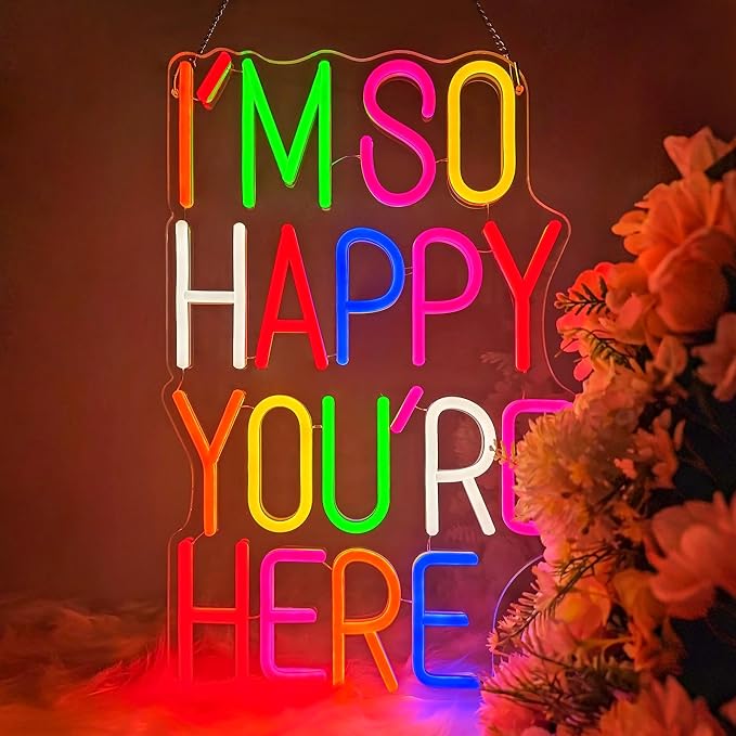 I'm So Happy You're Here Neon Sign, Welcom LED LED Neon Light Sign for Classroom & Kids Room, Positive Affirmation Wall Decor for Home, Cafe & Business, Colorful Letter Neon Sign (You're Here)