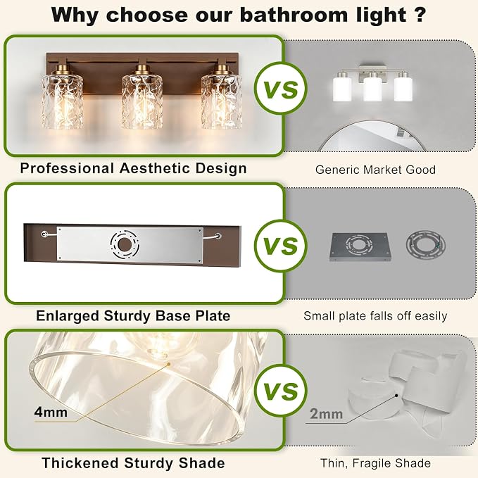 Modern Bathroom Lighting Fixtures Over Mirror, Vanity Lights for Bathroom, Wall Sconces with Clear Glass Shades, E26 Ceramic Socket, 3-Light 19.7-inch Oil-Rubbed